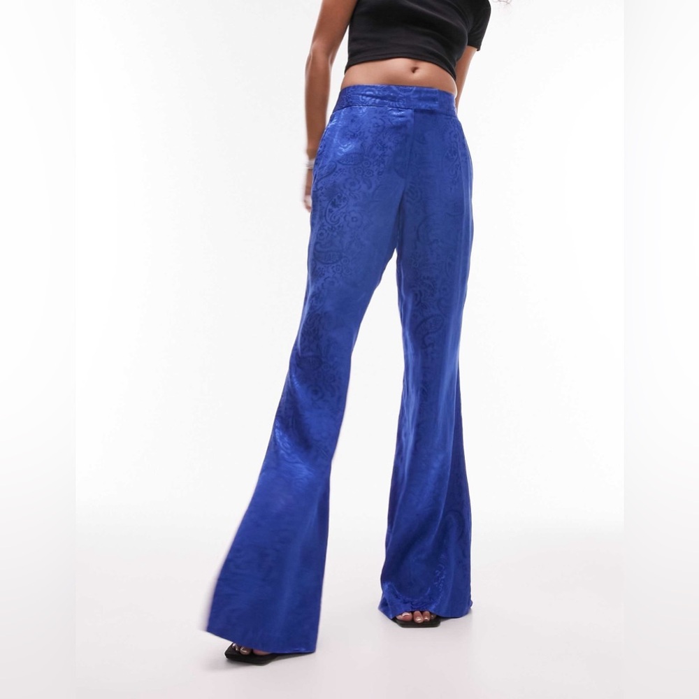 NWT Topshop Jacquard Wide Leg Pants in Cobalt Blue Paisley Print Size US 8